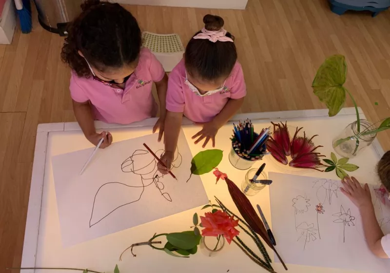 Girls with light table drawing plants
